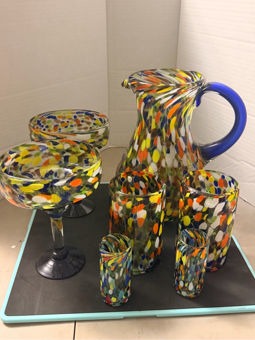 Handblown Multicolor Confetti Glass Pitcher and Glassware Set - Blue Handle